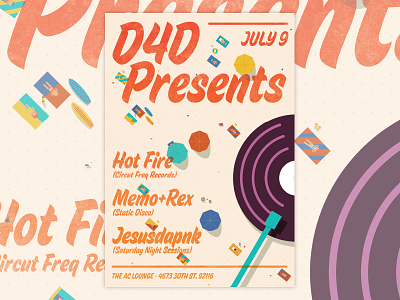 D4D Presents 2014.07.09 beach flyer illustrated isometric july party people poster record sand summer vector