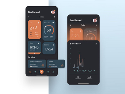 Fitness App UI app app design dark mode dark ui dashboard fitness graphic design health heart rate interface mobile mobile design mobile ui modern ui uidesign ux