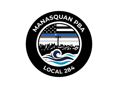 Manasquan PBA Local 284 Logo badge badge logo beacon branding graphic design illustration inlet jetty logo logo design ocean police police logo rocks thin blue line vector wave