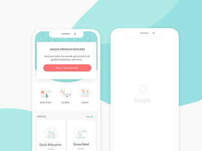 Deeply App - Meditation & Self-care app blue branding clean app design health homescreen illustration ios iphone logo meditation mindfulness mobile music pastel colors sounds splash subscribe ui.