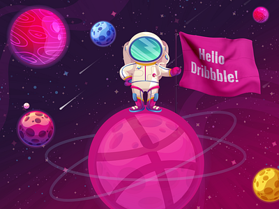 Hello Dribbble! astronaut community debut debutant dribbbble hello player shot space