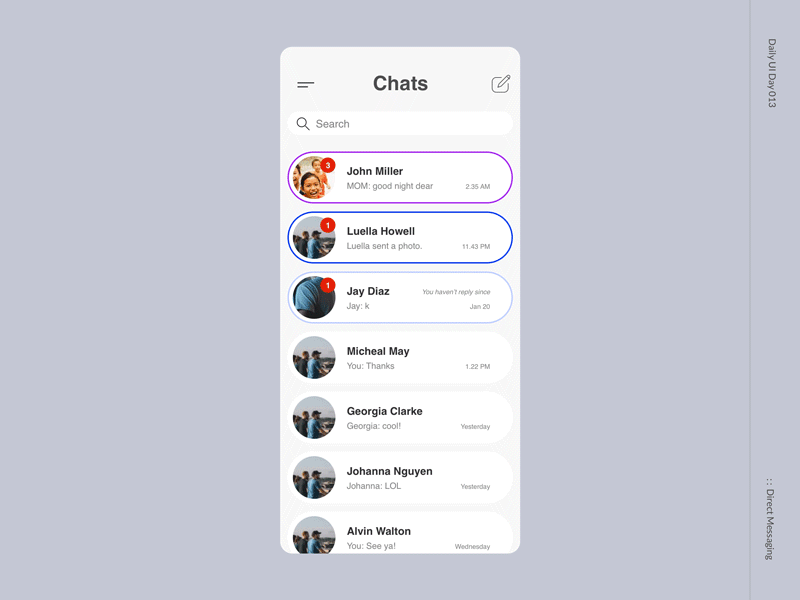 Daily UI day 013 013 app design daily 100 challenge dailyui dailyuichallenge direct message direct messaging mobile ui ui design user interface