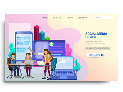 Landing page template for social media marketing. app background branding business design desktop development digital flat graphic design homepage illustration internet landing marketing mobile page ui ux vector