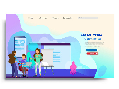 Social media marketing landing page template. app business design desktop development digital flat graphic design homepage illustration interface internet landing layout marketing mobile page ui ux vector