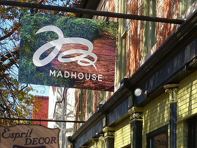 Madhouse Exterior Hanging Signage brand icon identity kentucky logo louisville printing signage signs yard