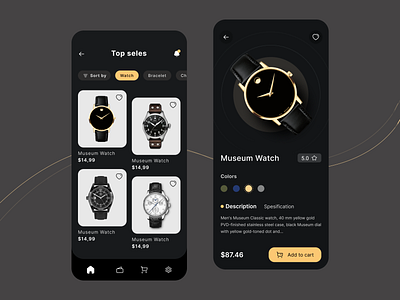 Watch : E-commerce Mobile App - dark mode app design clean design clean ui dark mode dark mode app e commerce e commerce app e commerce design e commerce shop fashion app design illustration ios design online shopping ui design ux design watch ecommarce watch store