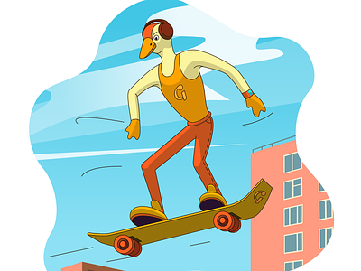 Goose aerial perspective cartoon character flat illustration goose hero illustration personage skateboard