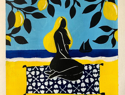 Sur la plage abandonnée acrylic paint beauty design feminine illustration lemon matisse poetry sea woman