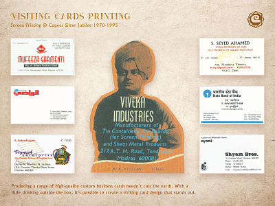Visiting Cards - 1970s Screen Printing works copees siver jubilee creative handprinting sbi card screen printing works screenprinting viveka industries works from 1970