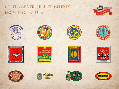 Copees Silver Jubilee Proud Clients from 1970 to 1995 ambica agarbathies arr enterprises been brand copees siver jubilee fish hook brand kibs narasus coffee popular appalam screen printing works umberla brand