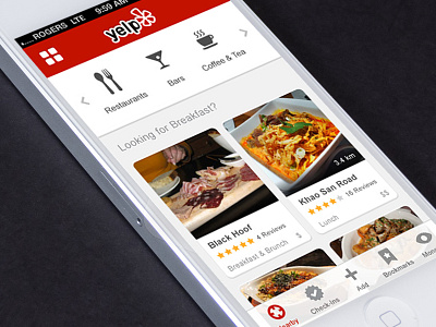 Yelp Nearby Page redesign cards clean directory flat food iconography iphone mobile restaurant reviews ui ux