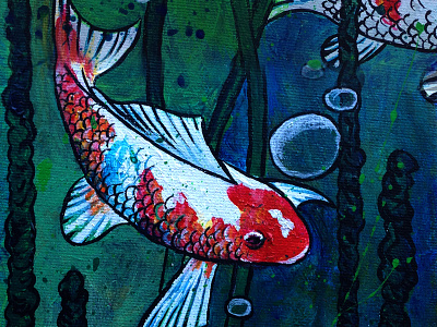 Lotus pond with Koi fish acrylic canvas fireflies koi fish lily pads lotus painting pond