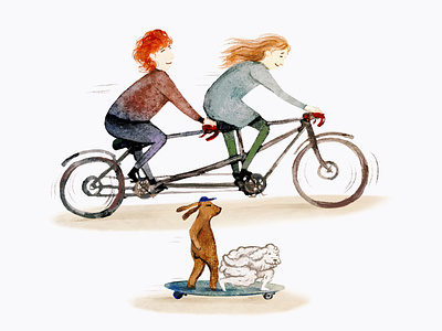Tandems bicycle cartoon character children book dog illustration procreate watercolor
