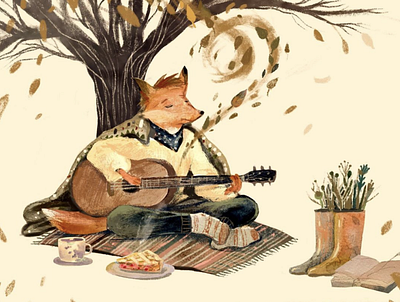 Autumn vibes autumn cartoon character children book fox illustration music procreate watercolor
