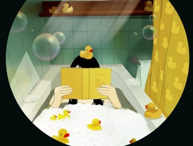 Yellow duck bath bathroom cartoon comics duck fun girl humorous yellow