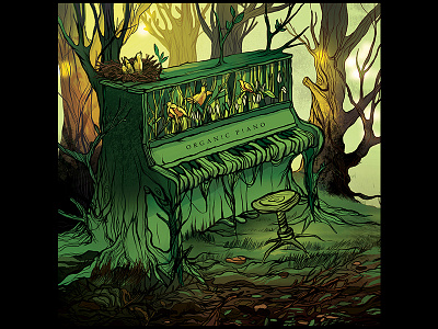 Music album cover ."ORGAN!C P!ANO" album bird cover forest green illustration music nature organic piano psichedelic tree