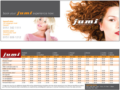 Jumi Hairdressers Price List artwork branding design hairdressers logo price list typography