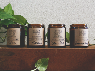 Broken Forest Co. Candles broken forest collective candle handmade jar label packaging reforestation scent stamp