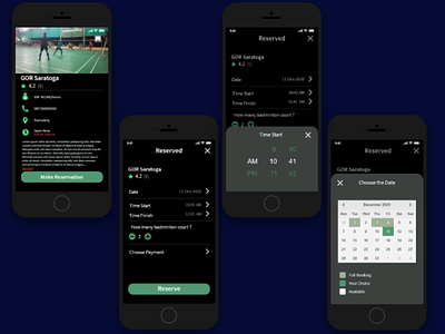 Badminton Court Reservation Apps | Dark Mode Apps badmintoncourt mobileapps reservation uiux