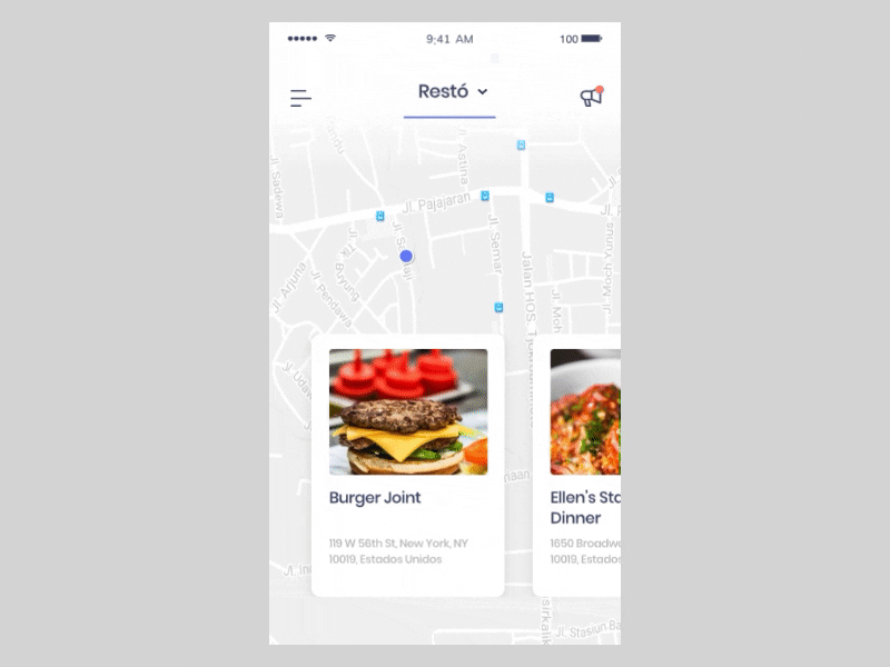 Advanced Map Behaviors animation app card design location map meals restaurant typography ui ux