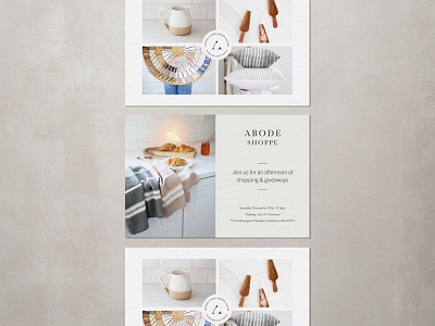 Abode Shoppe — Open House Invite boutique brand design brand identity branding classic clean design globally made graphic design handmade home decor interior design invite logo moyo studio open house simple design sub marks texture typography