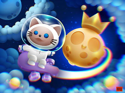 Cat astronaut on a skateboard is traveling around the universe~