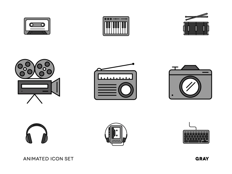 Animated Icon Set / Grayscale animations drums icons keyboards media music video
