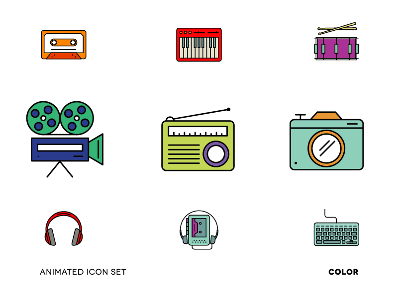 Animated Icon Set / Colorful animations drums icons keyboards media music video
