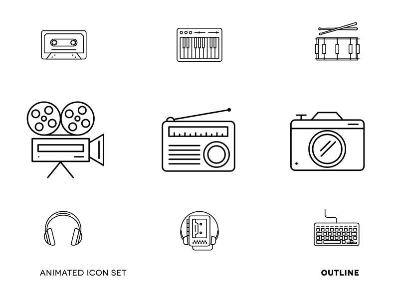 Animated Icon Set / Outline animations drums icons keyboards media music video