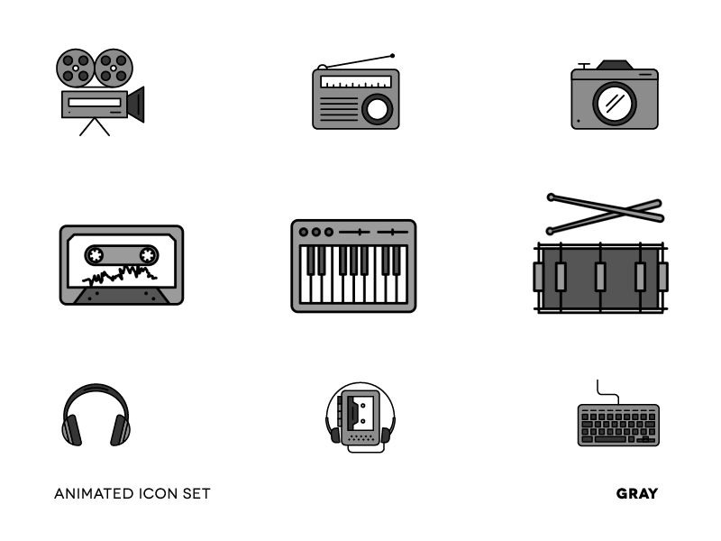 Animated Icon Set / Gray (2) animations drums icons keyboards media music video