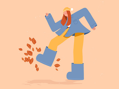 Leaf Kicking Season 🍂 autumn blue character design fall flat design girl hat illustration leaves woman yellow