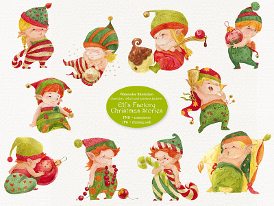 Elf Factory cartoon characters childish christmas cute elf fairytales watercolor illustration watercolor painting