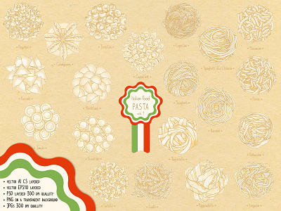 Italian Food • Pasta bakery cuisine doodle food home cooking illustrator italian italian food line pasta ravioli sketch spaghetti vector
