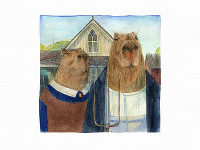American Gothic americangothic capybara classic fun watercolor watercolor painting