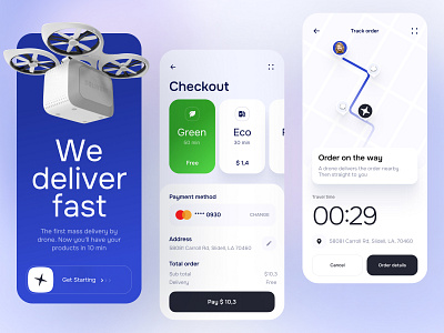 Drone delivery mobile app app app design checkout delivery drone food food delivery ios mobile mobile ui onboarding track order ux