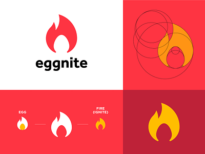 Eggnite brand brand identity brand logo egg fire flame grid logo ignite logo logo design logomark minimalist logo red simple logo yellow