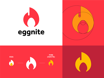 Eggnite v2 brand brand identity brand logo egg fire flame grid logo ignite ignition logo logo design logomark minimalist logo red simple logo yellow