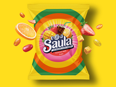 Saula Candy Fruits Packaging Mockup assorted brand branding candy design flow pack food fruits hard candy illustration logo mockup mockup design pack package package design packaging saula template vector