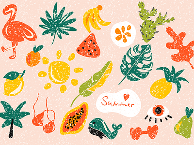 Summer vector sticker set. bright fruits illustration leaves noise objects stickers summer