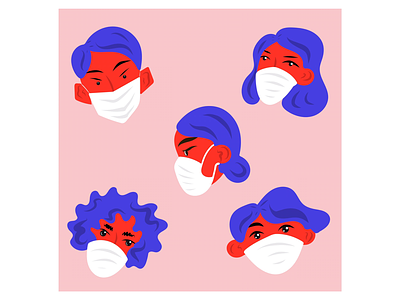 Templates of people in medical masks on a pink background.