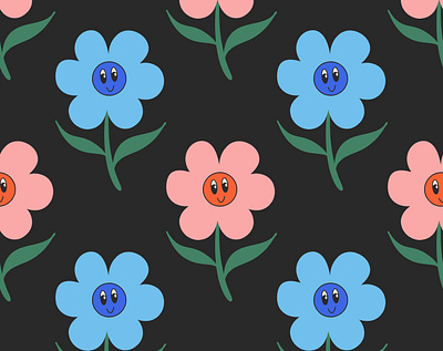 Cute funny smiling face flowers on black background. wallpaper