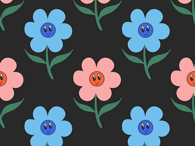 Cute funny smiling face flowers on black background.