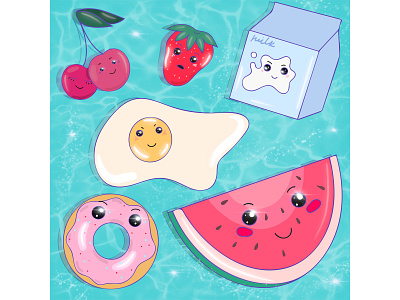 funny food art blue cute faces food fruits fun funny illustration milk vector дизайн