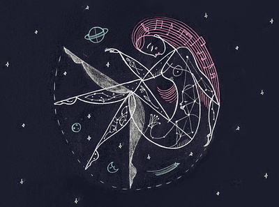 Constelación de lunares / moles constellation constellation dance dancing digital illustration ilustracion love skies sky space stars woman