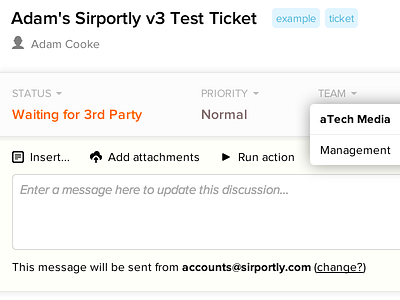 Sirportly v3 - Ticket view with menu & tags sirportly