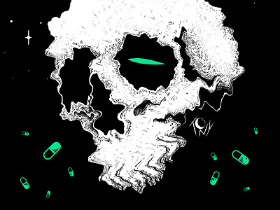 PXLLS black dark drugs green horror art illustration lost macabre neon pills skull skull art surrealism wave