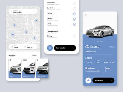 Rent a car app automotive booking car rental clean filters locations map simple ui vehicles