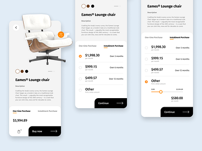 Buy now - Pay later app buy now cart clean comfort eames chair ecommerce furniture installment lounge chair mobile pay later payment product product design purchase retro simple ui