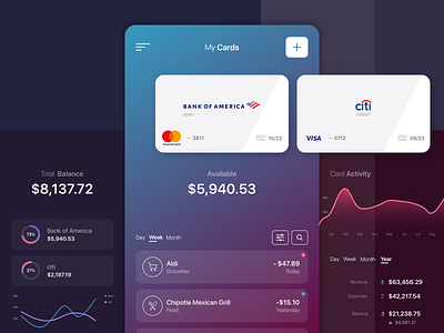 My Cards cards clean dashboad expenses graphs money app simple sketch app ui
