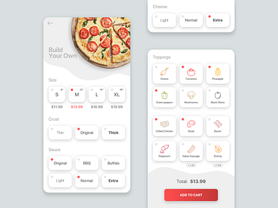 Pizza joint UI app clean customize food ingredients mobile order pizza pizzeria shopping cart simple slices toppings ui